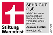ADAC Auslandskrankenversicherung Basis als Jahresvertrag für Einzelpersonen ausgezeichnet von der Stiftung Warentest mit der Note Sehr Gut.