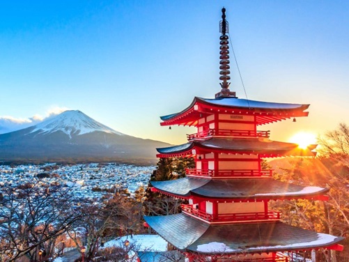 Japan, Tempel vor dem Fujiyama