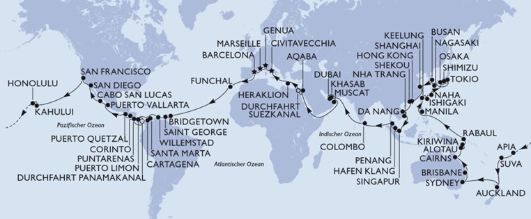 Routenkarte MSC World Cruise 2021