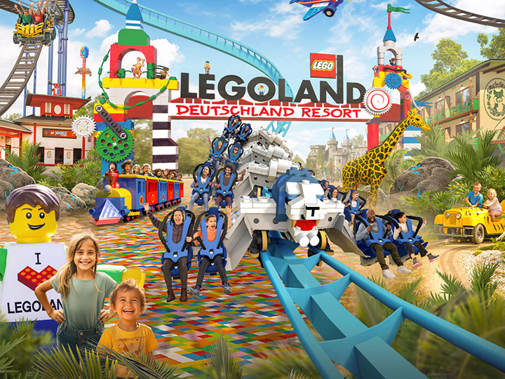 Composing mit Giraffe und Kindern auf Rutsche im Legoland