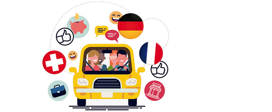 illustration von einem auto mit vielen verschiedenen mitfahrern
