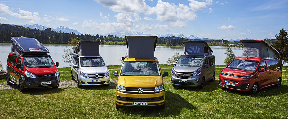 Vergleich der Campingbusse von VW, Ford, Mercedes, Opel und Citroen