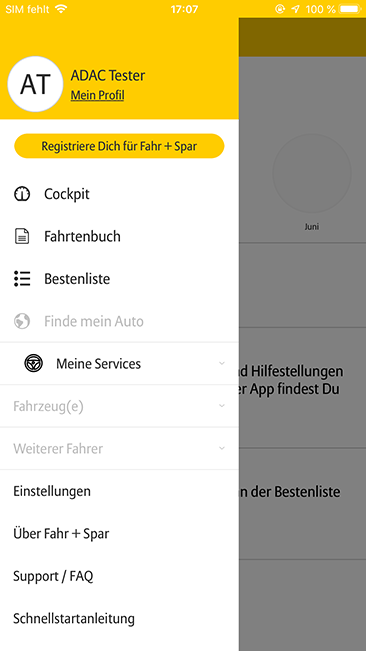 Das Menü der Fahr+Spar App zeigt detaillierte Funktionen wie Cockpit, Fahrtenbuch, Bestenliste oder Einstellungen.