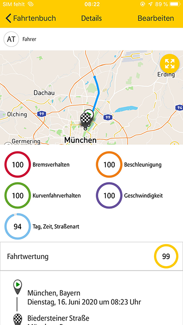 Die Fahr+Spar App zeichnet Fahrten auf und analysiert diese anhand von Kriterien wie Beschleunigung, Brems- und Kurvenfahrverhalten.