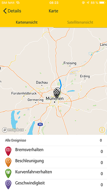Die Kartenansicht der Fahr+Spar App stellt aufgezeichnete Fahrten und Ereignisse dar.