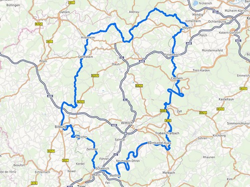 Die Landkarte der Motorradtour durch die Eifel