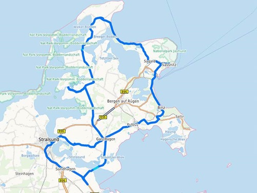 Karte für eine Motorradtour auf der Insel Rügen