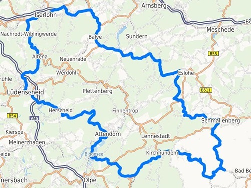 Karte Motorradtour Route Sauerland