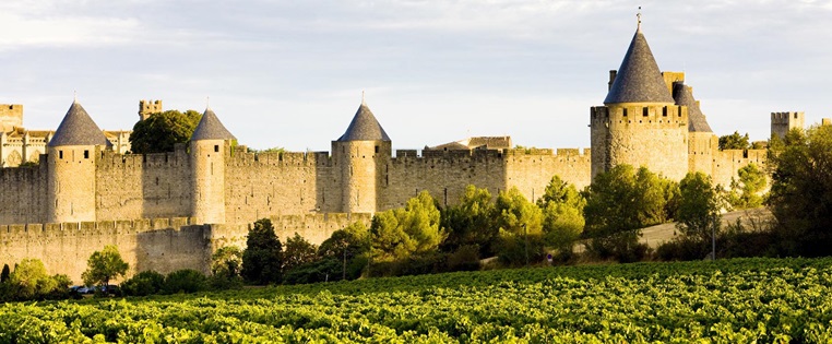 Reisen Frankreich Languedoc Roussillion Schloss in Abendsonne davor Weinanbau