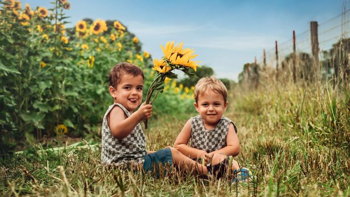 Zwei Jungen sitzen lachend  im Gras neben einem Sonnenblumenfeld - Rechtsschutzversicherung ADAC
