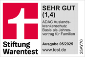 ADAC Auslandskrankenversicherung Basis als Familienvertrag ausgezeichnet von der Stiftung Warentest mit der Note Sehr Gut.