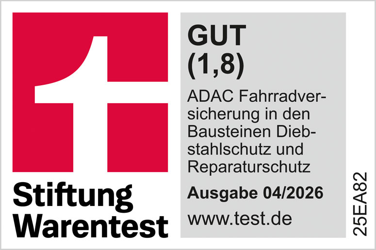 ADAC Fahrradversicherung ausgezeichnet von der Stiftung Warentest mit der Note Gut.