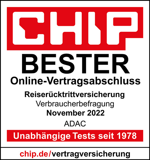 Die Reiserücktrittsversicherung wurde von CHIP ausgezeichnet für den besten Online Abschluss