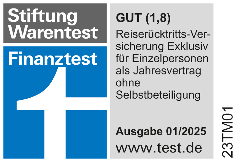 ADAC Reiserücktrittsversicherung von der Stiftung Warentest ausgezeichnet im Tarif Exklusiv für Einzelpersonen und Familien mit der Note Gut