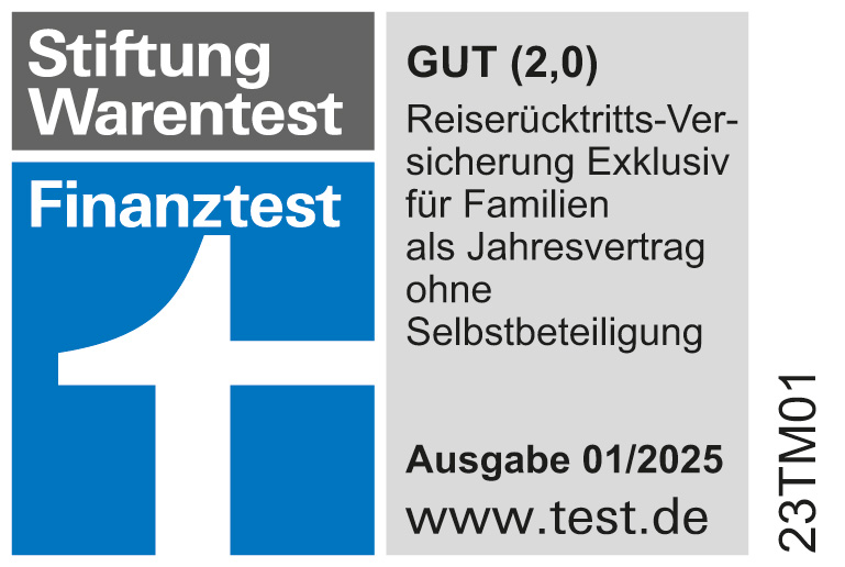 ADAC Reiserücktrittsversicherung von der Stiftung Warentest ausgezeichnet im Tarif Exklusiv für Familien mit der Note Gut