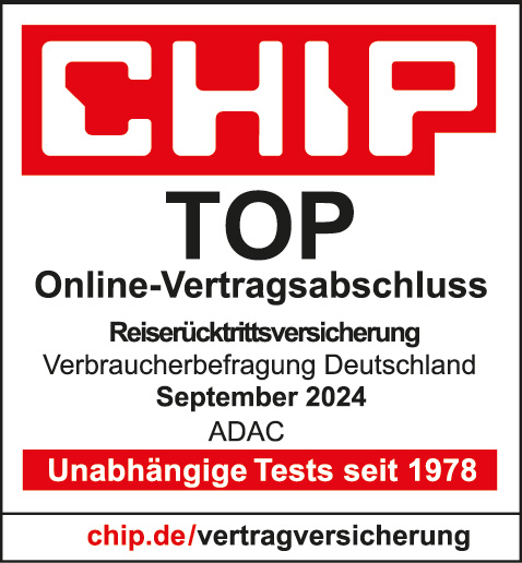 ADAC Reiserücktrittsversicherung von Chip ausgezeichnet für einen Top Onlineabschluss.