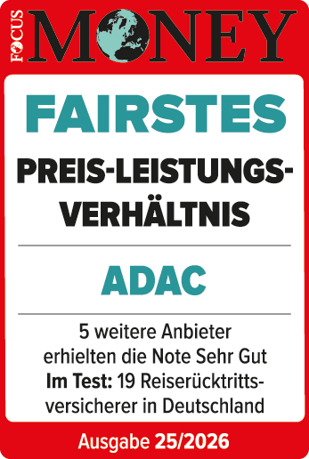 ADAC Reiserücktritts-Versicherung ausgezeichnet von Focus Money für das fairste Preis-Leistungs-Verhältnis.