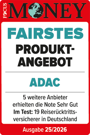 ADAC Reiserücktritts-Versicherung ausgezeichnet von Focus Money für das fairste Produktangebot.