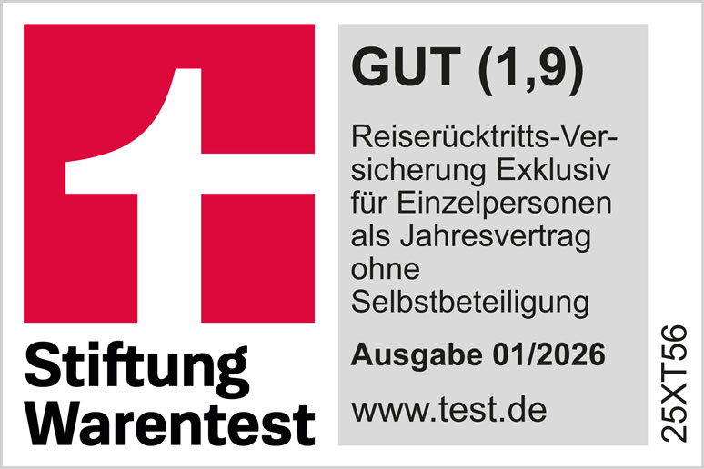 ADAC Reiserücktrittsversicherung im Tarif Exklusiv für Einzelpersonen ohne Selbstbehalt ausgezeichnet von der Stiftung Warentest mit der Note Gut.